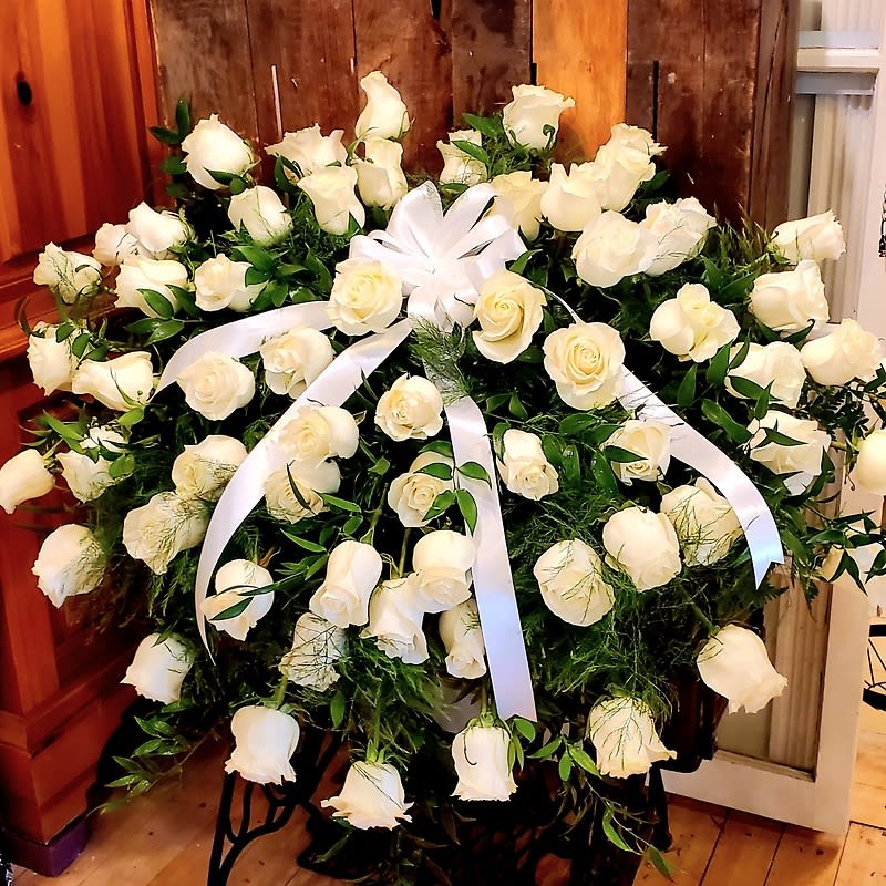 White Mondial Rose Casket Blanket Flower Bouquet