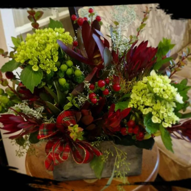 Green and Burgundy Box Flower Bouquet