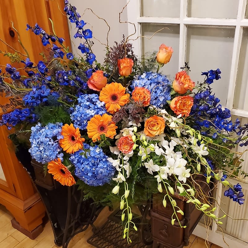 Stylized Casket Cover in Blue Orange and White