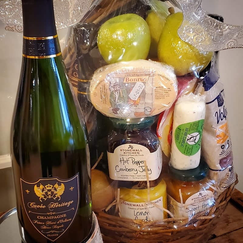 Champagne, Cheese and Chocolate Basket Flower Bouquet