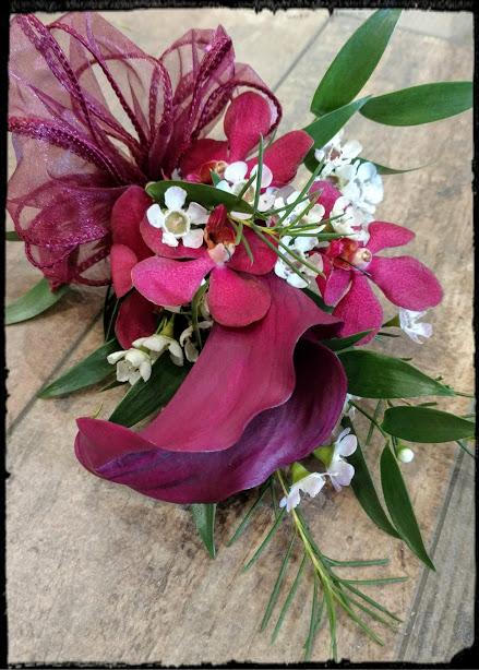 BURGANDY BOUTONNIERE WITH CALLA AND ORCHID Flower Bouquet
