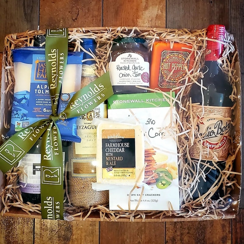 Savory Reds and Cheeses Basket Flower Bouquet