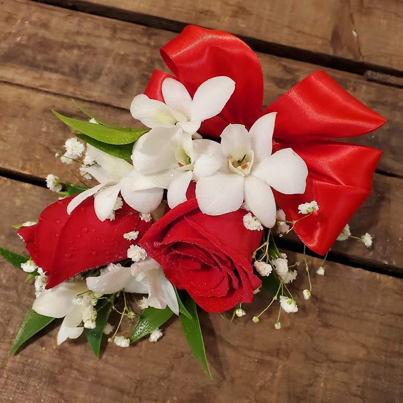 Red and White Corsage for Wrist Flower Bouquet