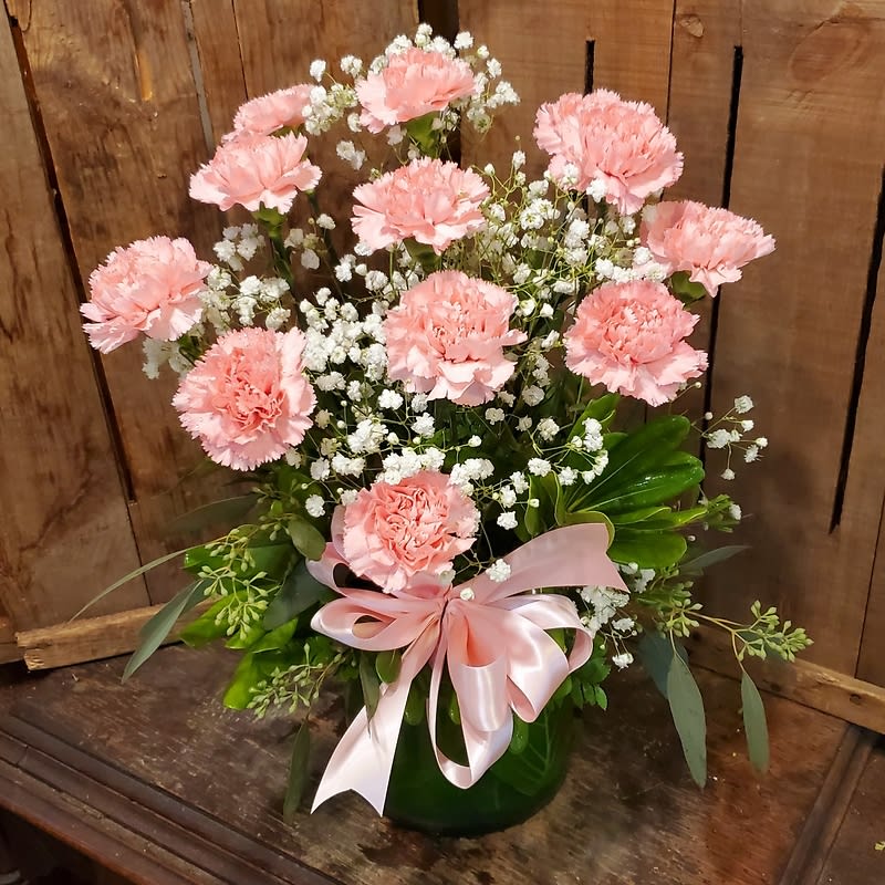 One Dozen Pink Carnations in a Vase Flower Bouquet