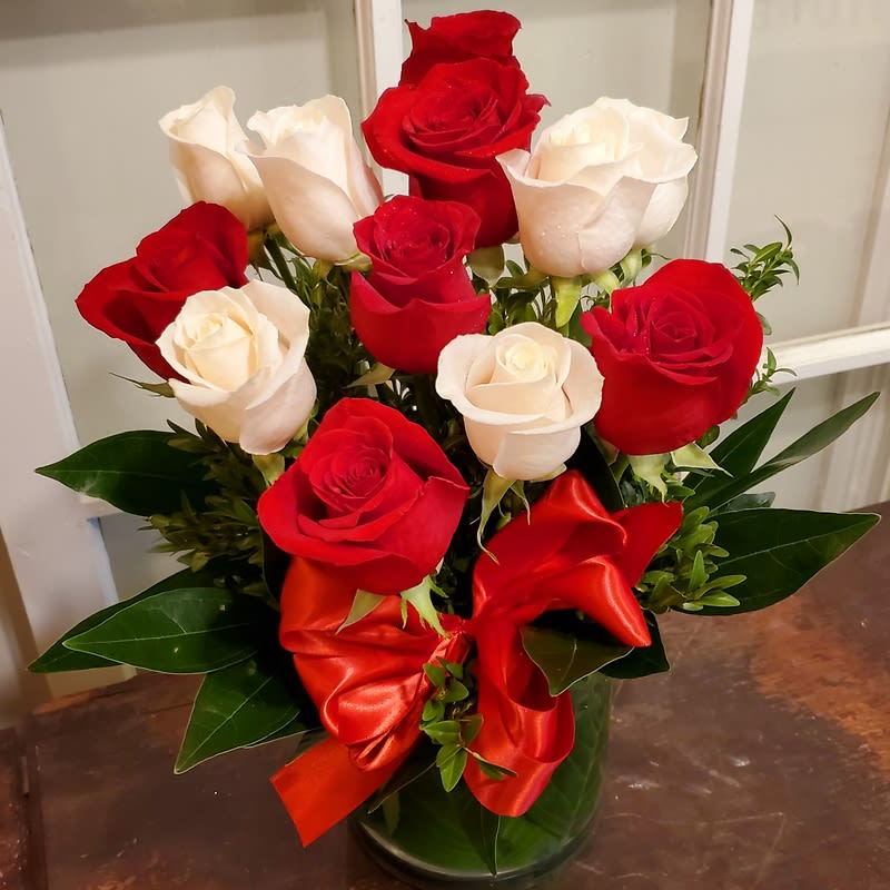 Dozen Red & White Roses Vased