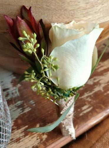 Rose & Leucadendron Boutonniere Burlap Wrap Flower Bouquet