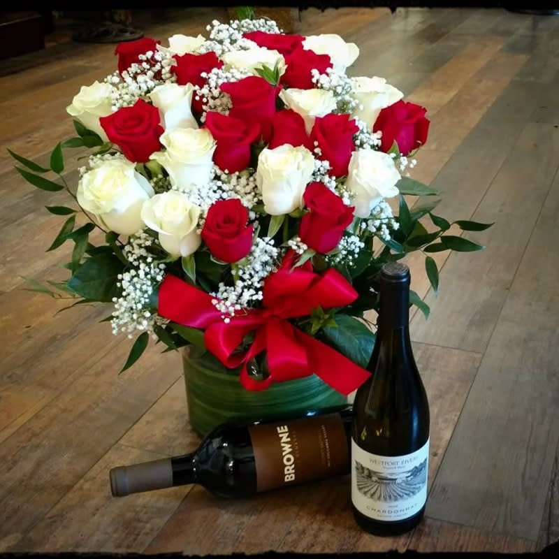 Red & White Roses and Red & White Wine! Flower Bouquet