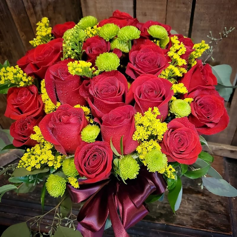 20 Red Roses with Spring Greens
