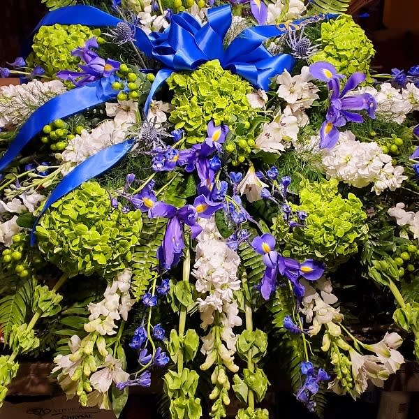 Ocean Casket Cover with Green Hydrangea and Iris