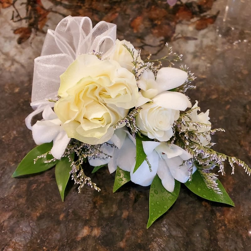 White Wristlet Corsage with Mixed Roses & Orchids Flower Bouquet
