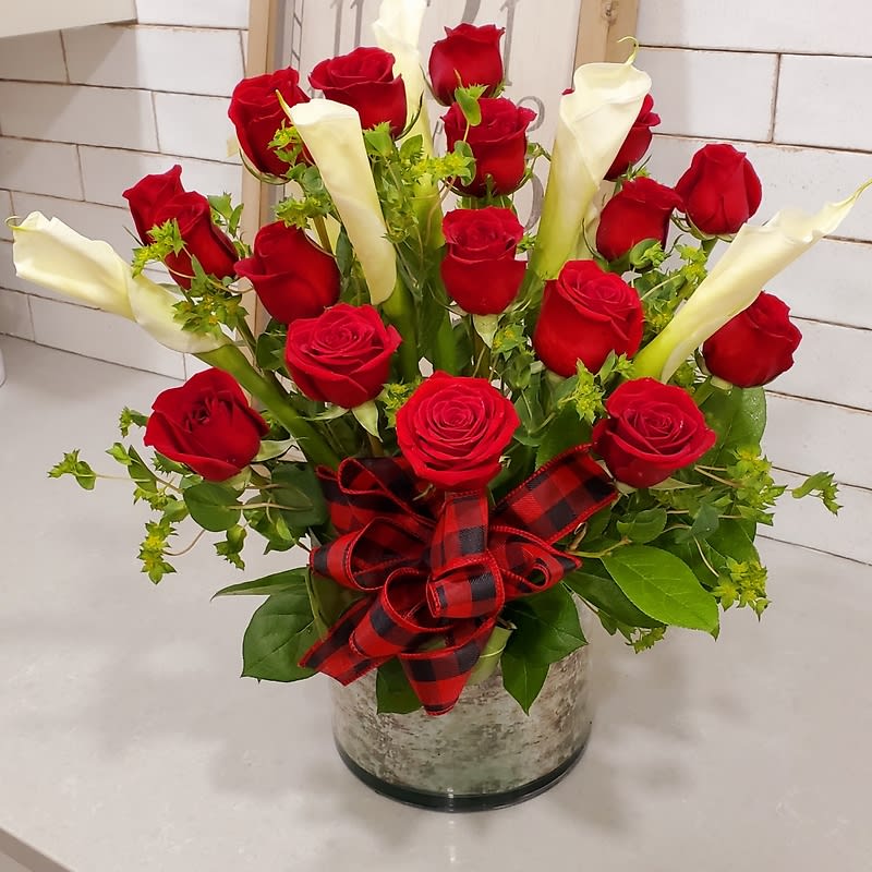 Dozen and a Half Red Roses with 6 White Callas, Vased