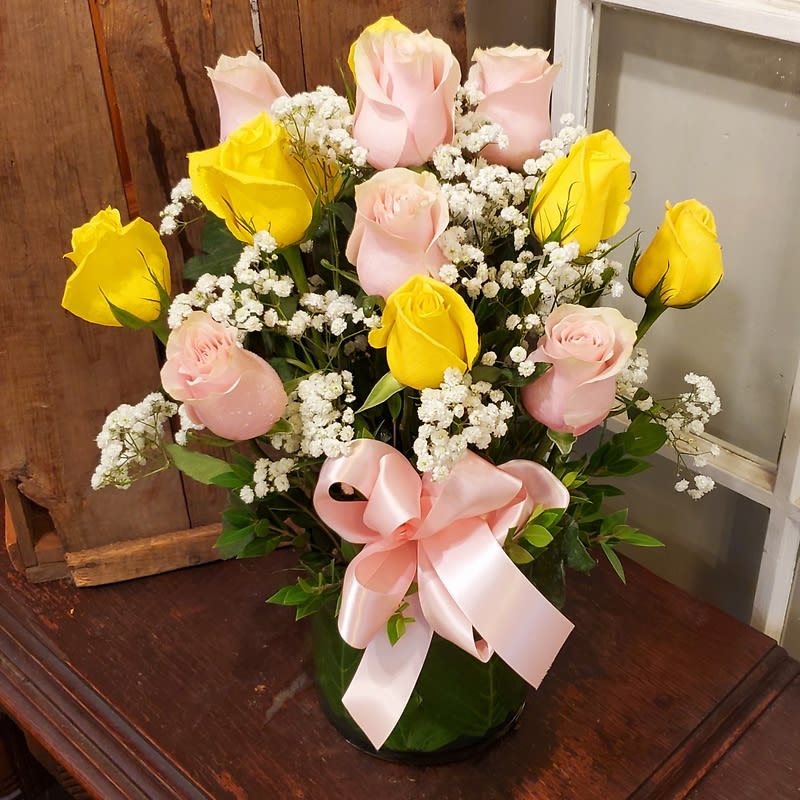 Pink and Yellow Rose Vase, Dozen Roses