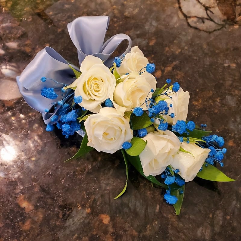 White with Blue Wristlet Corsage Flower Bouquet