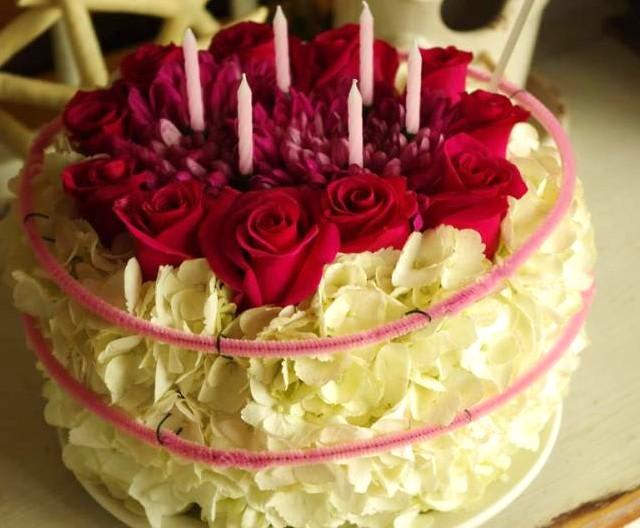 Happy Birthday Cake with Red Rose and Pink Candles
