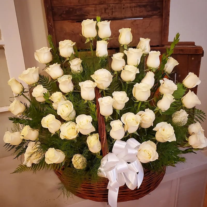 Four-dozen White Rose Basket Flower Bouquet