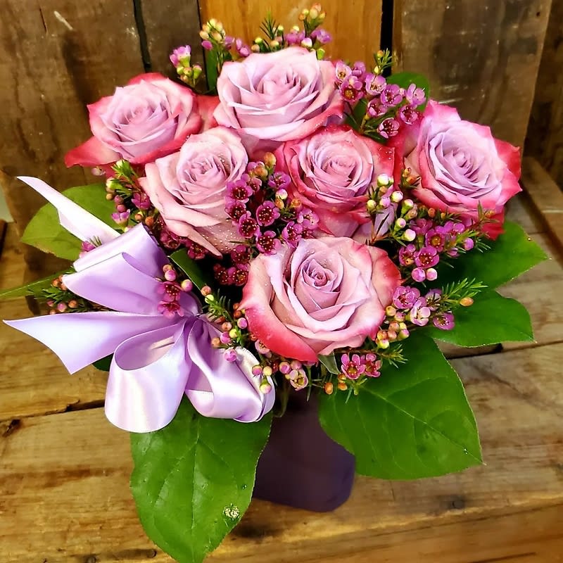 Vased Half-dozen Lavender Roses Flower Bouquet