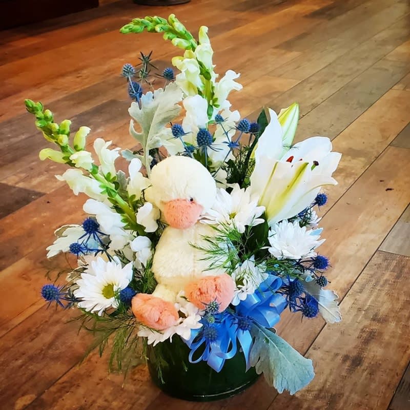 Baby Boy Cylinder with Stuffie Flower Bouquet