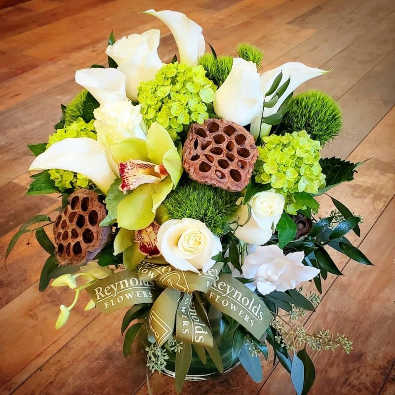 Green and White Lotus Pod Vase Flower Bouquet