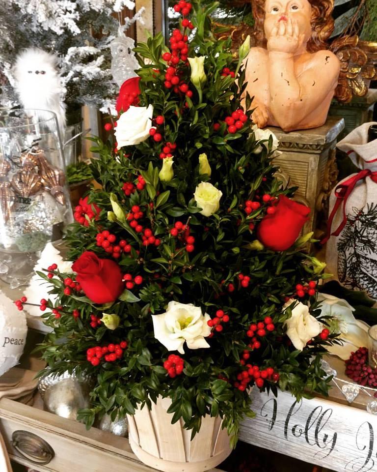 Boxwood Tree with lisianthus, winterberry & rose Flower Bouquet