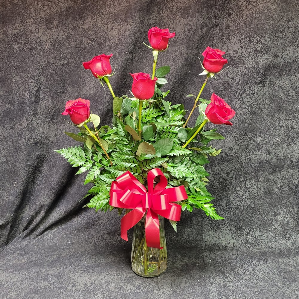 RAR6VD - 6 Red Long Stem Roses Arranged -VALENTINES Flower Bouquet