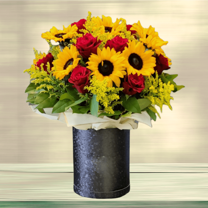Sunflowers and Red Roses in Round Box