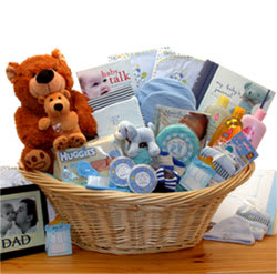 Deluxe Welcome Home Precious Baby Basket-Blue Flower Bouquet