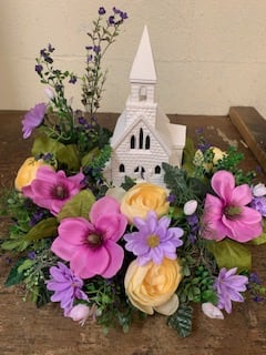 Ceramic Church Silk Flowers