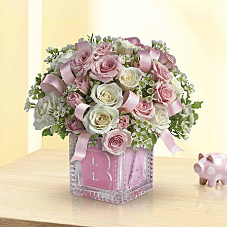 Babys 1st Block-Pink Flower Bouquet