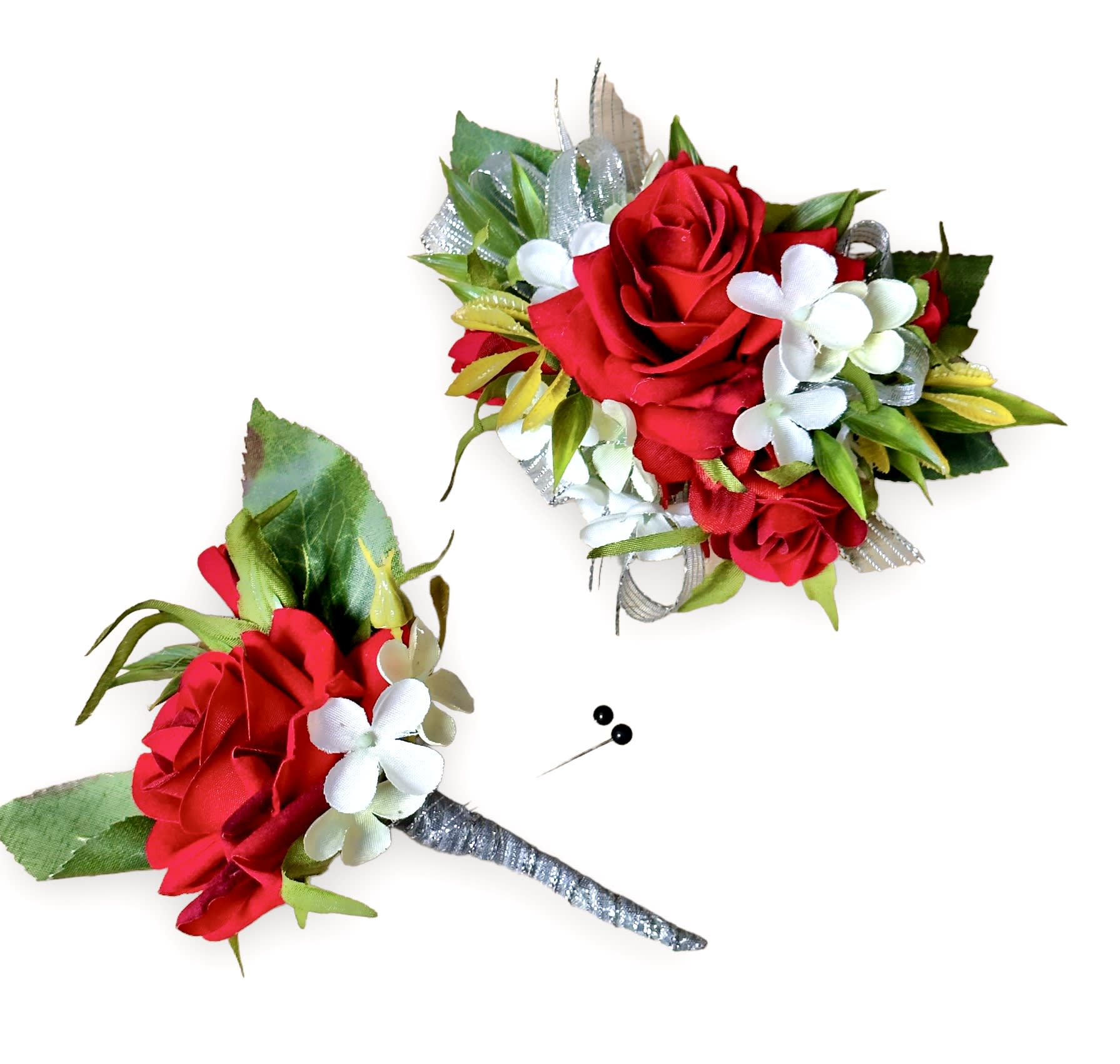 Silk Red Rose Splendor Wristlet and Boutonniere Set Flower Bouquet