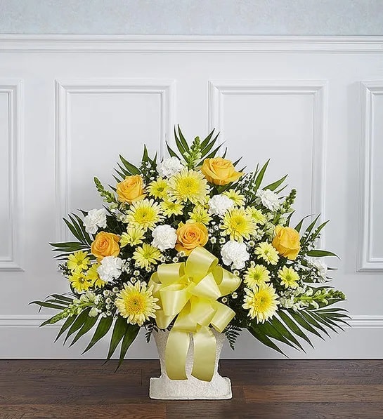 Heartfelt Tribute Yellow Floor Basket Arrangement