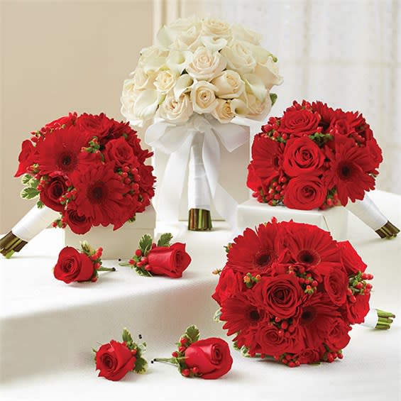 1-800-Flowers®  Red And White Personal Package (1 White  Bridal Bouquet, 3 Bridesmaid Bouquets And 4 Boutonnieres Flower Bouquet
