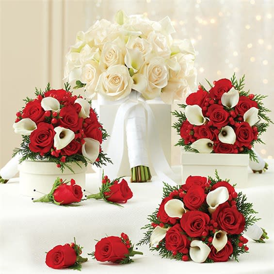 1-800-Flowers®  Holiday And White Personal Package (1 White Bridal Bouquet, 3 Bridesmaid Bouquets And 4 Boutonnieres) Flower Bouquet