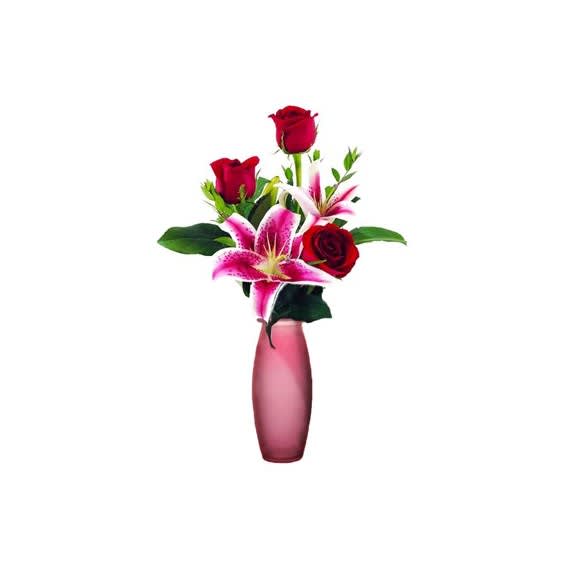 3 Rose With Stargazer Lily Vase Flower Bouquet