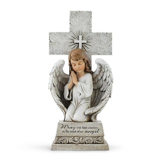 16" Praying Angel On Cross Statue Flower Bouquet