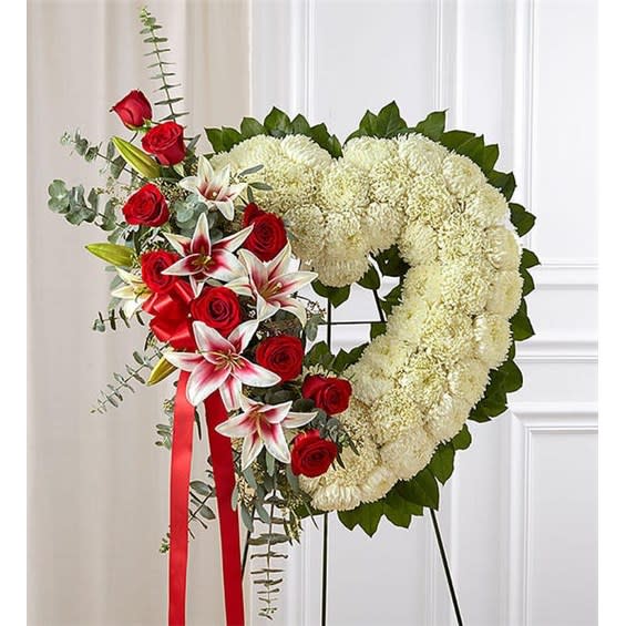Red Rose & Lily Standing Open Heart Flower Bouquet