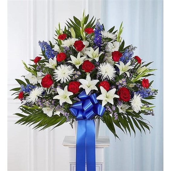 Heartfelt Sympathies Red, White & Blue Standing Basket Flower Bouquet