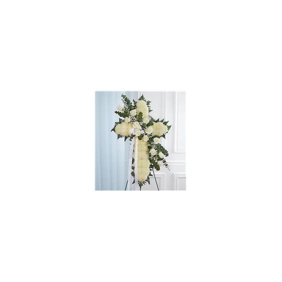 Peace & Prayers Standing Cross- White Flower Bouquet