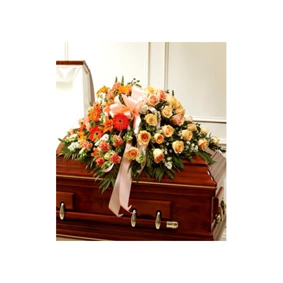 Peach, Orange & White Mixed Half Casket Cover Flower Bouquet