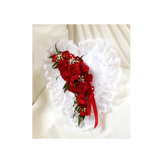 Red & White Satin Heart Casket Pillow Flower Bouquet