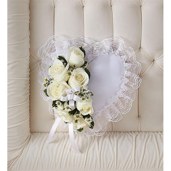 White Satin Heart Casket Pillow Flower Bouquet