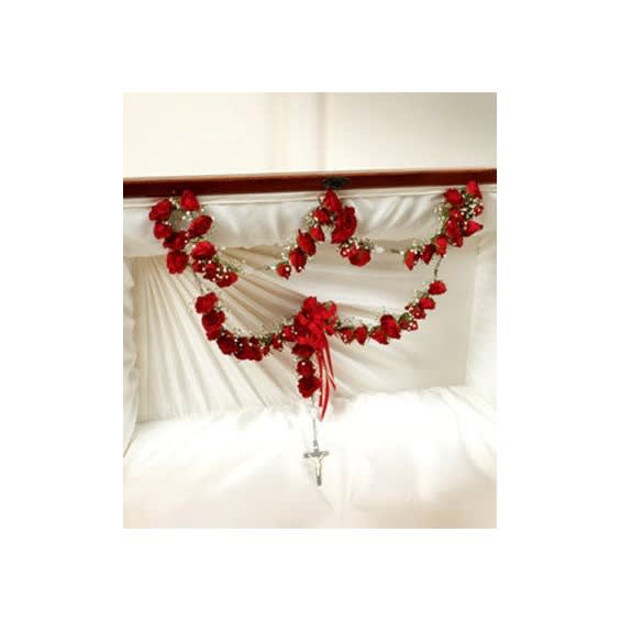 Large Rosary With Red Spray Roses Flower Bouquet
