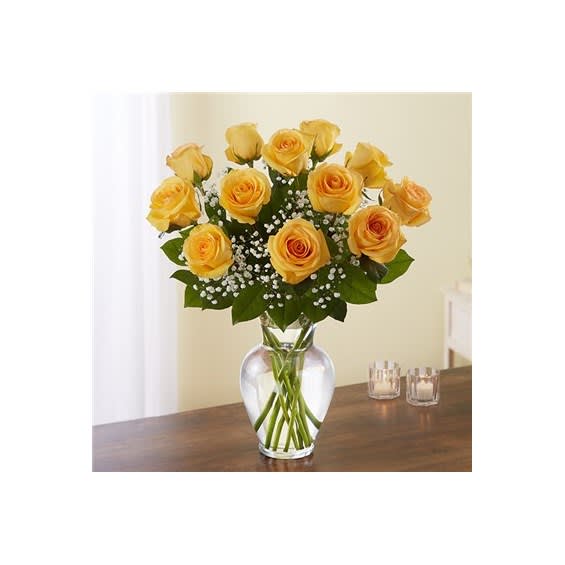 Classic 12 Yellow Rose Vase Flower Bouquet