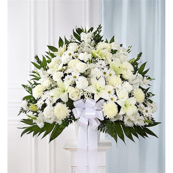 Heartfelt Sympathies Standing Basket-White Flower Bouquet