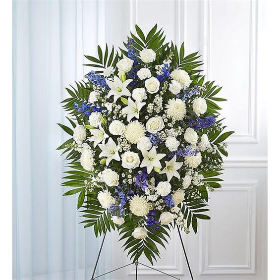 Blue & White Sympathy Standing Spray Flower Bouquet