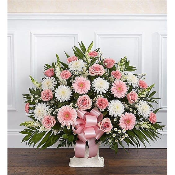Heartfelt Tribute Floor Basket Arrangement - Pink & White Flower Bouquet