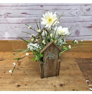 Birdhouse with White Silk (Artificial) Floral Accents Flower Bouquet