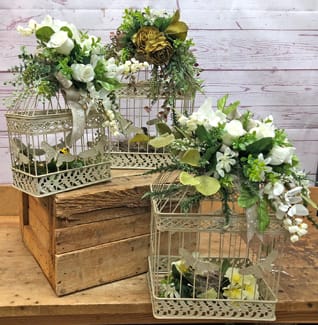 Vintage White Metal Bird Cage with Silk (Artificial) Flowers Flower Bouquet
