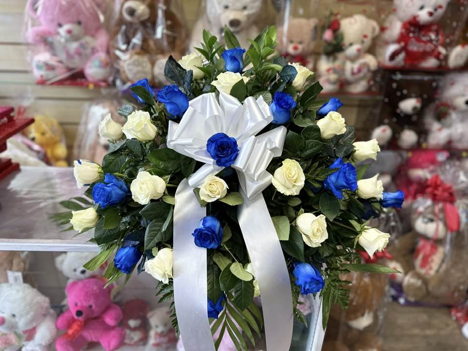 BLUE AND WHITE ROSES CASKET Flower Bouquet