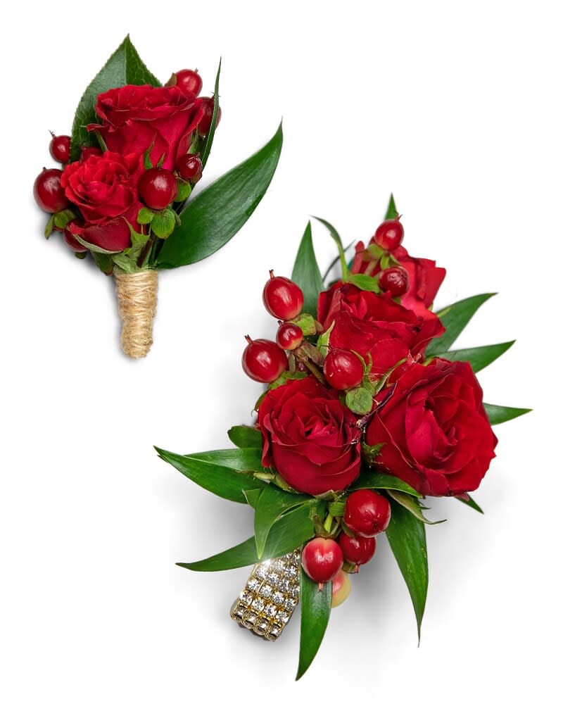 Crimson Corsage and Boutonniere Set Flower Bouquet
