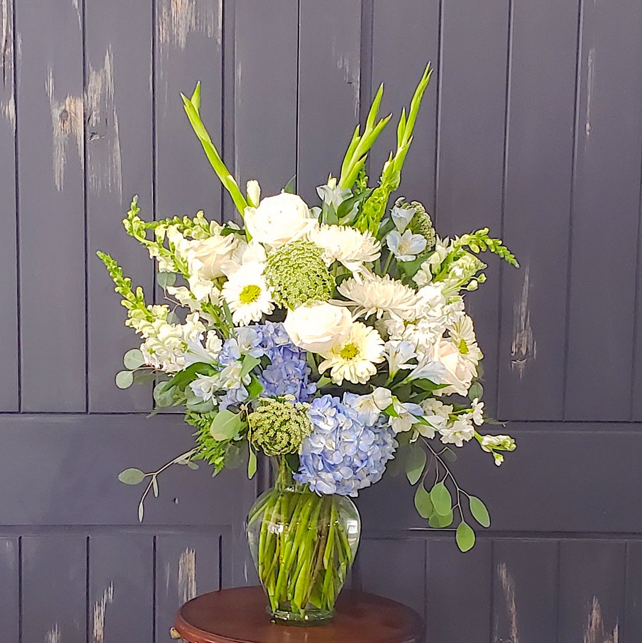 Full Regalia Garden Vase in Blue and White Flower Bouquet